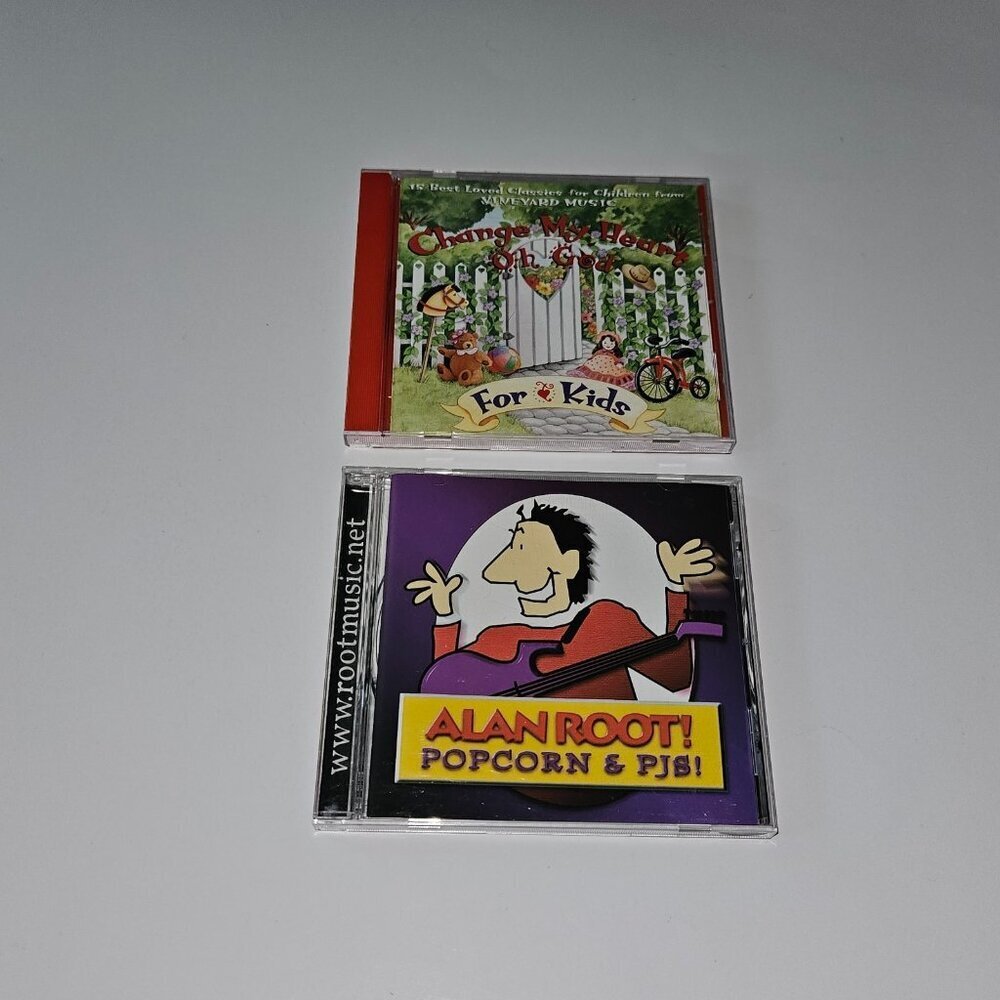 2 Children's Religious CDs Lot Alan Root Popcorn PJs Change My Heart Oh God